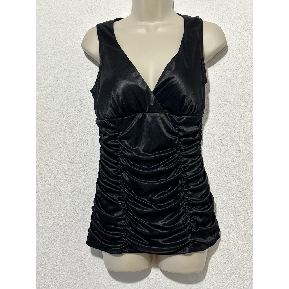 Y2K Studio Y Top M‎ Black Ruched Satin Sleeveless Blouse Dark Romantic Coquette